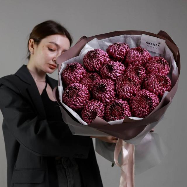 Монобукет из хризантем сорта Bigoudi Purple (в трех размерах) Монобукет из хризантем сорта Bigoudi Purple (в трех размерах)